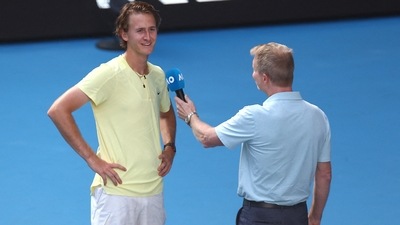 Sebastian Korda of the US during the post match interview after winning his fourth round match against Hubert Hurkacz (REUTERS)