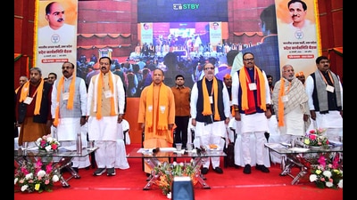 Uttar Pradesh Chief Minister Yogi Adityanath with Bharatiya Janata Party (BJP) State President Bhupendra Singh Chaudhary at the BJP State Working Committee meeting, in Lucknow on Sunday. State Deputy Chief Ministers Keshav Prasad Maurya, Brajesh Pathak, party General Secretary (Organization) Dharampal Singh and others were also present. (ANI) Uttar Pradesh Chief Minister Yogi Adityanath with Bharatiya Janata Party (BJP) State President Bhupendra Singh Chaudhary at the BJP State Working Committee meeting, in Lucknow on Sunday. State Deputy Chief Ministers Keshav Prasad Maurya, Brajesh Pathak, party General Secretary (Organization) Dharampal Singh and others were also present. (ANI)