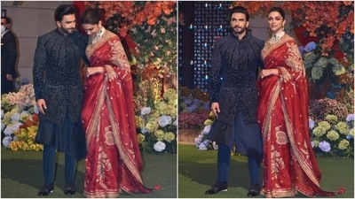 Deepika Padukone in Sindoori saree with Ranveer Singh for Anant Ambani's engagement. Deepika Padukone in Sindoori saree with Ranveer Singh for Anant Ambani's engagement.