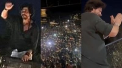Shah Rukh Khan surprised fans outside Mannat on Sunday evening. Shah Rukh Khan surprised fans outside Mannat on Sunday evening.