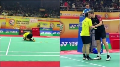 Kunlavut Vitidsarn reacts after beating Viktor Axelsen (Twitter) Kunlavut Vitidsarn reacts after beating Viktor Axelsen (Twitter)