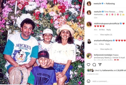 Neetu Kapoor shared Rishi Kapoor's throwback picture with Ranbir Kapoor and Riddhima Kapoor Sahni.