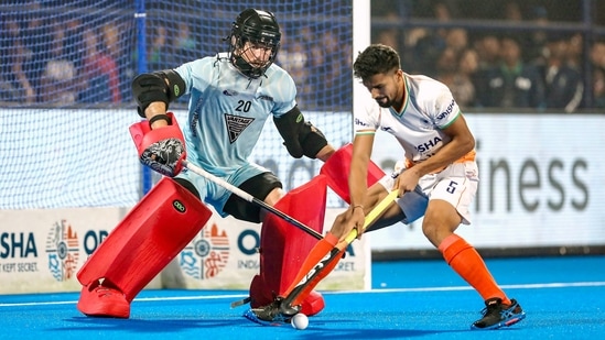Players in action during the Hockey Men’s World Cup 2023 match between India and New Zealand(Hockey India Twitter)