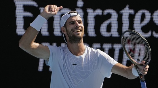 Karen Khachanov of Russia celebrates after defeating Yoshihito Nishioka of Japan during their fourth round match at the Australian Open tennis championship in Melbourne, Australia, Sunday, Jan. 22, 2023. (AP)
