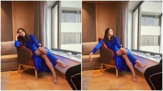 Karisma Kapoor's royal blue long dress is a cocktail party wardrobe must-have.(Instagram/@therealkarismakapoor)