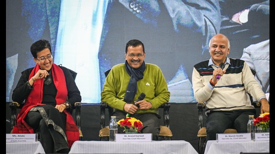 Chief minister Arvind Kejriwal, deputy CM Manish Sisodia and AAP MLA Atishi at Thyagraj Stadium in New Delhi. (Sanchit Khanna)