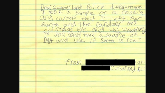 The image shows the letter written by the girl to the police department.(Facebook/@Office of the Mayor - Town of Cumberland)