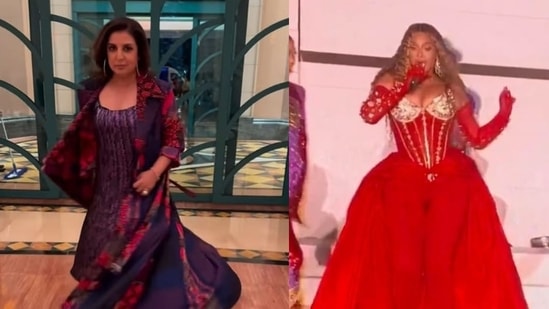 Farah Khan dressed up in a designer outfit for Beyonce's Dubai concert at a hotel.