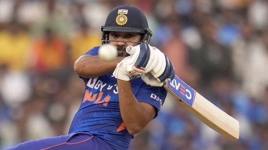 India's captain Rohit Sharma plays a shot during the second one-day international cricket match between India and New Zealand in Raipur, India, Saturday, Jan. 21, 2023. (AP)