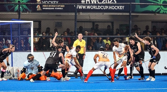 India and New Zealand players in action during the Hockey World Cup 2023.(Hockey India)