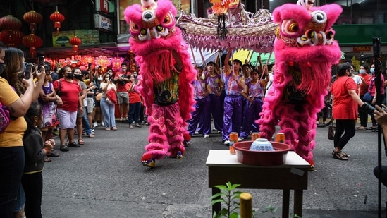 A dragon dance group performs in front of a store during lunar new year celebrations in the Chinatown area of Manila.(AFP)