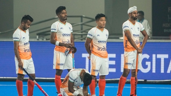 Indian players react after losing against New Zealand in the 2023 FIH Hockey World Cup match in Bhubaneswar(PTI)