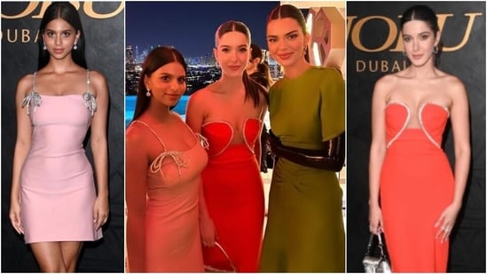 Suhana Khan and Shanaya Kapoor pose with Kendall Jenner in Dubai. 