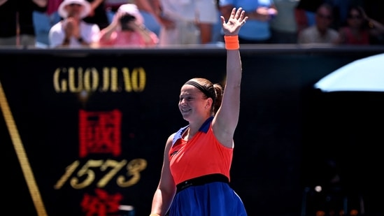 Latvia's Jelena Ostapenko celebrates victory against Coco Gauff of the US (AFP)