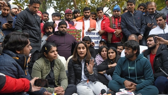 Wrestler Vinesh Phogat speaks to the media accusing WFI president Brij Bhushan Sharan Singh of sexual harassment during a protest against Wrestling Federation of India, at Jantar Mantar, in New Delhi.