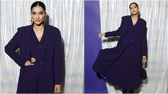 Sonam posted the photoshoot on her Instagram page with a quote by Diana Vreeland, "You gotta have style. It helps you get down the stairs. It helps you get up in the morning. It's a way of life." Regarding the outfit details, Sonam's deep purple three-piece set features an elongated storm flap trench coat, a button-down waistcoat, and a flared midi skirt.&nbsp;(Instagram)