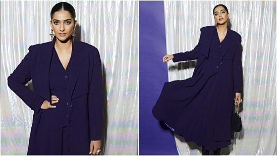 Sonam posted the photoshoot on her Instagram page with a quote by Diana Vreeland, "You gotta have style. It helps you get down the stairs. It helps you get up in the morning. It's a way of life." Regarding the outfit details, Sonam's deep purple three-piece set features an elongated storm flap trench coat, a button-down waistcoat, and a flared midi skirt. (Instagram)