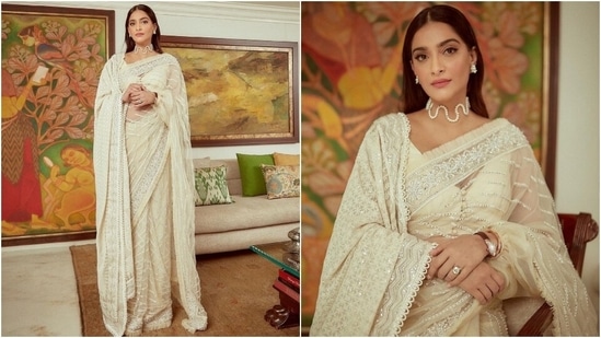 Recently, Sonam shared another statement-making look on Instagram. The pictures showed the star dressed in a chikankari embroidered off-white saree styled with a matching dupatta and a stylish blouse featuring sheer sleeves. (Instagram)