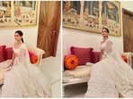 Khushi Kapoor redefines elegance and royalty in her latest set of pictures in an off-white lehenga. She adorned this look at the engagement ceremony of Anant Ambani and Radhika Merchant. (Instagram/@manishmalhotra05)