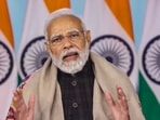 Prime Minister Narendra Modi virtually addresses during a ceremony to name 21 uninhabited islands of Andaman and Nicobar Islands after Param Vir Chakra recipients and unveil a model of a proposed memorial dedicated to Netaji Subhas Chandra Bose on Monday, Jan. 23, 2023.(PTI) Prime Minister Narendra Modi virtually addresses during a ceremony to name 21 uninhabited islands of Andaman and Nicobar Islands after Param Vir Chakra recipients and unveil a model of a proposed memorial dedicated to Netaji Subhas Chandra Bose on Monday, Jan. 23, 2023.(PTI)