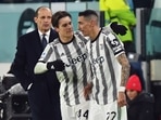 Juventus' Angel Di Maria celebrates scoring their first goal with Nicolo Fagioli as coach Massimiliano Allegri looks on(REUTERS)