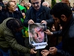 Protesters burn a portrait of Rasmus Paludan, leader of Danish far-right political party in Istanbul on Sunday. (AFP) Protesters burn a portrait of Rasmus Paludan, leader of Danish far-right political party in Istanbul on Sunday. (AFP)