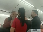 Unruly behaviour by a passenger on the Delhi-Hyderabad SpiceJet flight. (Screengrab via ANI video) Unruly behaviour by a passenger on the Delhi-Hyderabad SpiceJet flight. (Screengrab via ANI video)