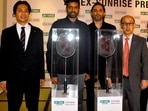 (L-R) Mr R Hanawa (President, YONEX India), Pullela Gopichand (Chief National Coach, Indian badminton team), Mr Vikramaditya Dhar (Managing Director, Sunrise Sports India Pvt Ltd.), and Mr Ben Yoneyama (Chairman, YONEX Japan) at the YONEX-SUNRISE press conference in New Delhi on Saturday that announced the manufacturing of graphite racquets in the country.(BAI)