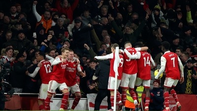 Arsenal's Eddie Nketiah celebrates with teammates after scoring his side's third goal (AP) Arsenal's Eddie Nketiah celebrates with teammates after scoring his side's third goal (AP)