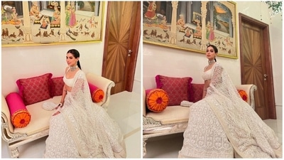 Khushi Kapoor redefines elegance and royalty in her latest set of pictures in an off-white lehenga. She adorned this look at the engagement ceremony of Anant Ambani and Radhika Merchant. (Instagram/@manishmalhotra05) Khushi Kapoor redefines elegance and royalty in her latest set of pictures in an off-white lehenga. She adorned this look at the engagement ceremony of Anant Ambani and Radhika Merchant. (Instagram/@manishmalhotra05)