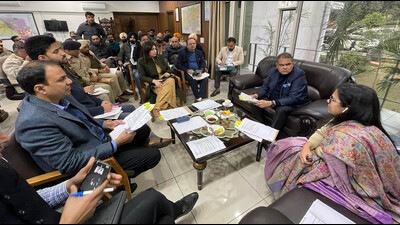MP Sanjeev Arora interacting with DC and NHAI officials in Ludhiana on Monday. (HT Photo)