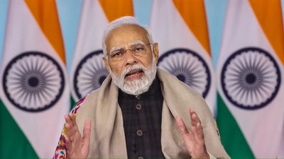 Prime Minister Narendra Modi virtually addresses during a ceremony to name 21 uninhabited islands of Andaman and Nicobar Islands after Param Vir Chakra recipients and unveil a model of a proposed memorial dedicated to Netaji Subhas Chandra Bose on Monday, Jan. 23, 2023. (PTI) Prime Minister Narendra Modi virtually addresses during a ceremony to name 21 uninhabited islands of Andaman and Nicobar Islands after Param Vir Chakra recipients and unveil a model of a proposed memorial dedicated to Netaji Subhas Chandra Bose on Monday, Jan. 23, 2023. (PTI)