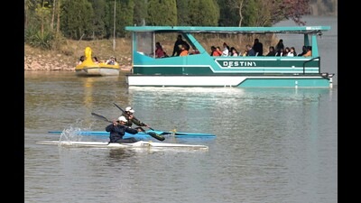 Rowers practising at Sukhna Lake, Chandigarh, on a sunny Monday afternoon. (Ravi Kumar/HT)