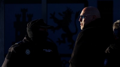 Frank Hanebuth, former leader of the "Hell's Angels" chapter in Hannover, arrives for his trial at the High Court in San Fernando de Henares, outside Madrid, Spain. (REUTERS)