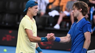 Australian Open: Russia's Andrey Rublev greets Denmark's Holger Rune after winning their men's singles match on day eight. (AFP)