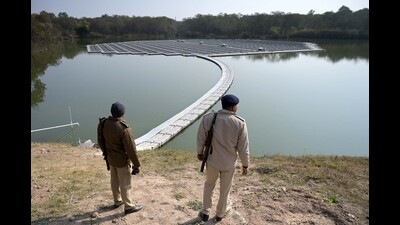 The floating solar project at Dhanas lake (above) will meet the energy needs of all buildings and offices under the Chandigarh forest department. UT administrator Banwarilal Purohit on Monday inaugurated two floating solar projects at the Sector-39 Water Works and the Dhanas lake. (Ravi Kumar/HT) The floating solar project at Dhanas lake (above) will meet the energy needs of all buildings and offices under the Chandigarh forest department. UT administrator Banwarilal Purohit on Monday inaugurated two floating solar projects at the Sector-39 Water Works and the Dhanas lake. (Ravi Kumar/HT)