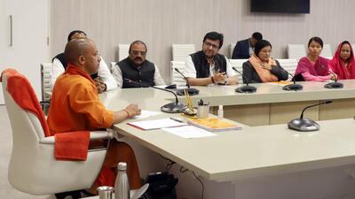 Uttar Pradesh chief minister Yogi Adityanath at a meeting with public representatives, in Lucknow on Monday. (HT PHOTO)