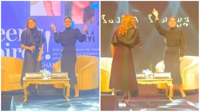 Kanika Kapoor and Kareena Kapoor shared the stage at a Kolkata event. Kanika Kapoor and Kareena Kapoor shared the stage at a Kolkata event.