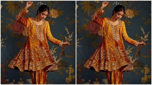 Keerthy paired a yellow velvet kurta with full sleeves and pair of yellow trousers with wide legs. (Instagram/@keerthysureshofficial)