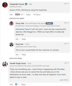 Zomato CEO Deepinder Goyal's reply under the comments of the post. (Vinay Sati/LinkedIn)
