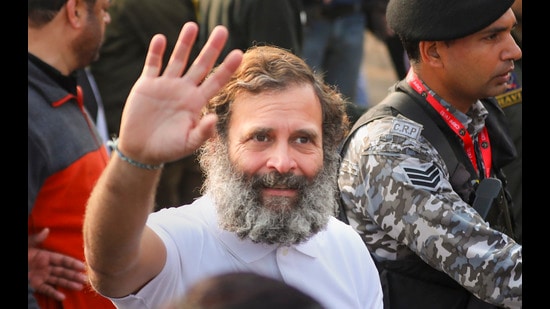 Congress leader Rahul Gandhi waves at supporters during the party's 'Bharat Jodo Yatra', in Jammu district on Monday. (PTI)