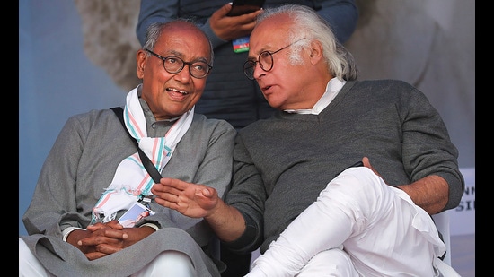 Congress leaders Digvijaya Singh and Jairam Ramesh at a public meeting during the party's 'Bharat Jodo Yatra', in Jammu on Monday. (PTI)