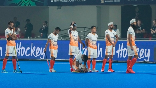 Indian players react after losing against New Zealand, in the 2023 Men's FIH Hockey World Cup match(PTI)
