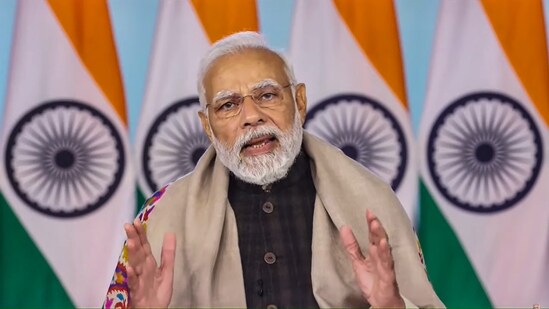 Prime Minister Narendra Modi virtually addresses during a ceremony to name 21 uninhabited islands of Andaman and Nicobar Islands after Param Vir Chakra recipients and unveil a model of a proposed memorial dedicated to Netaji Subhas Chandra Bose on Monday, Jan. 23, 2023.(PTI)