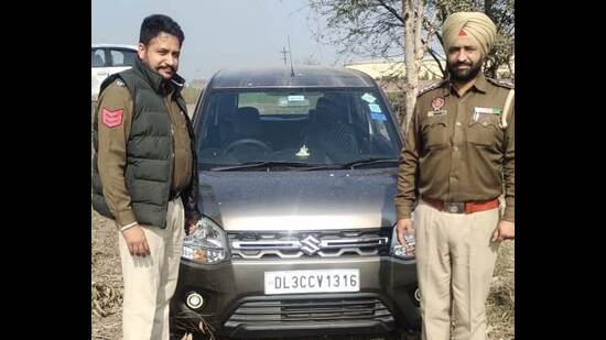 Police found the car abandoned with an empty fuel tank near Banur on Monday morning. (HT Photo)