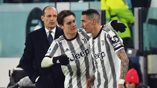 Juventus' Angel Di Maria celebrates scoring their first goal with Nicolo Fagioli as coach Massimiliano Allegri looks on(REUTERS)