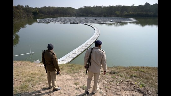 The floating solar project at Dhanas lake (above) will meet the energy needs of all buildings and offices under the Chandigarh forest department. UT administrator Banwarilal Purohit on Monday inaugurated two floating solar projects at the Sector-39 Water Works and the Dhanas lake. (Ravi Kumar/HT) The floating solar project at Dhanas lake (above) will meet the energy needs of all buildings and offices under the Chandigarh forest department. UT administrator Banwarilal Purohit on Monday inaugurated two floating solar projects at the Sector-39 Water Works and the Dhanas lake. (Ravi Kumar/HT)
