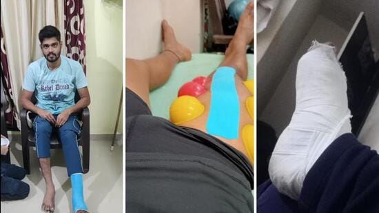 Tushar Kumbhare, 30, from Nagpur is one of those who jumped and the canvas safety gave way. He fractured his left leg. The number of injuries at the recruitment centre are so high that by the time Kumbhare fell, the on-site doctor had even run out of any analgesic spray. (HT Photos)