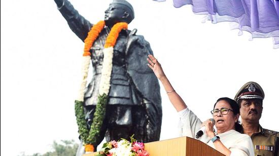 West Bengal chief minister Mamata Banerjee addresses during Netaji Subhash Chandra Bose’s 126th Birth anniversary celebrations, in Kolkata on Monday. (ANI)