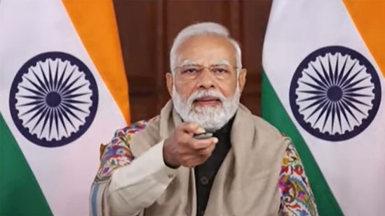 Prime Minister Narendra Modi unveils the model of a proposed memorial dedicated to Netaji Subhas Chandra Bose ton his 126th birth anniversary, via a video conference from New Delhi.(PTI)